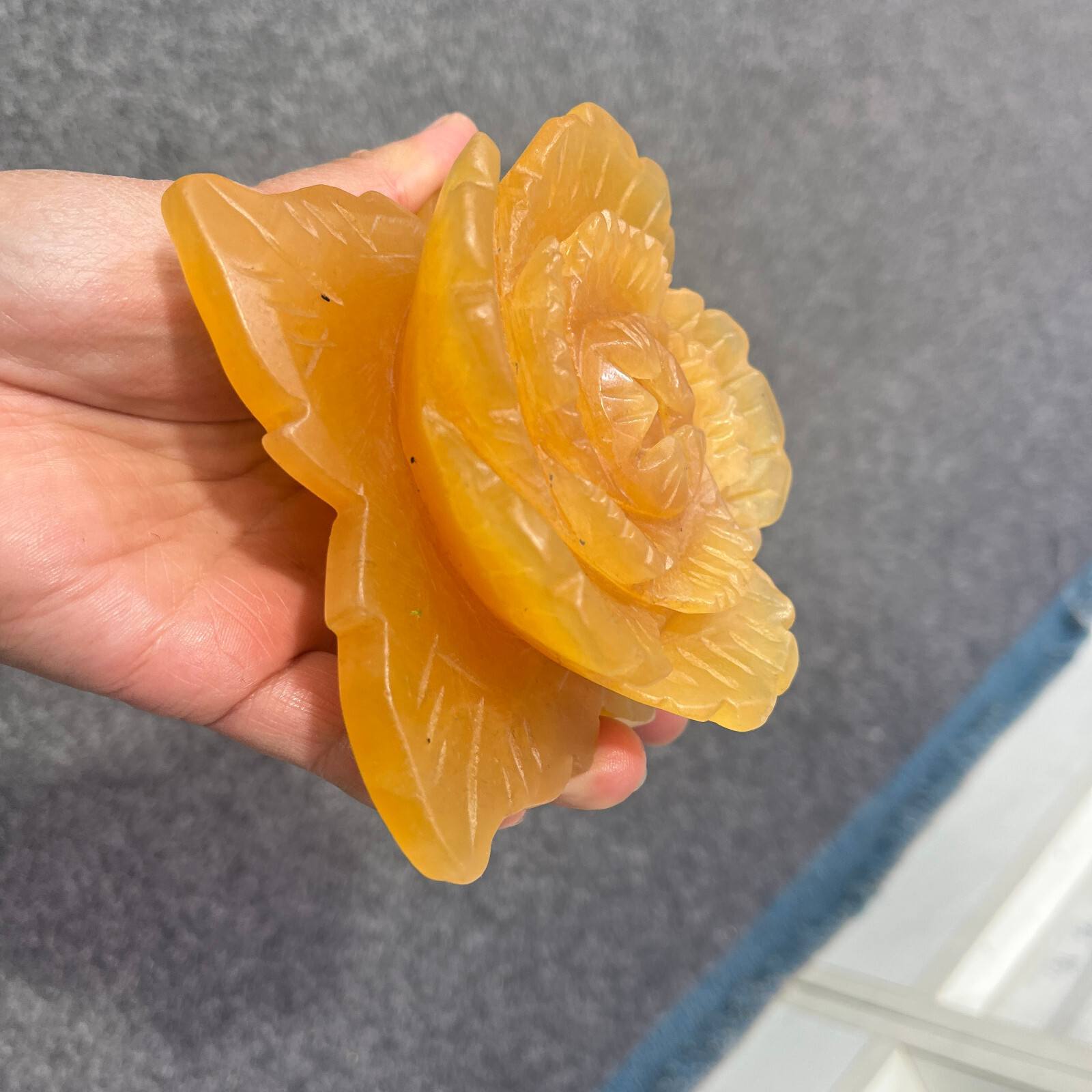 1PC Natural yellow calcite Quartz Carved Peony Flower Skull Crystal Reiki gift