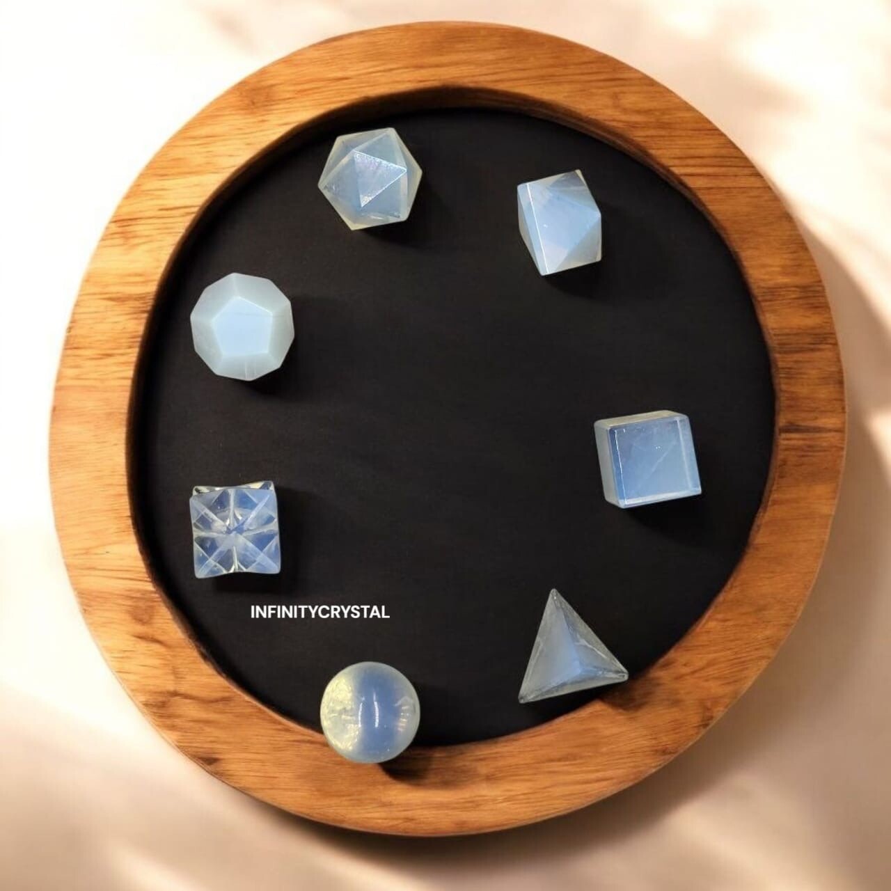 7 Pcs Opalite Sacred Geometry Set 7 Pcs,Crystal Set,Grid Board Wooden Box Gifts.