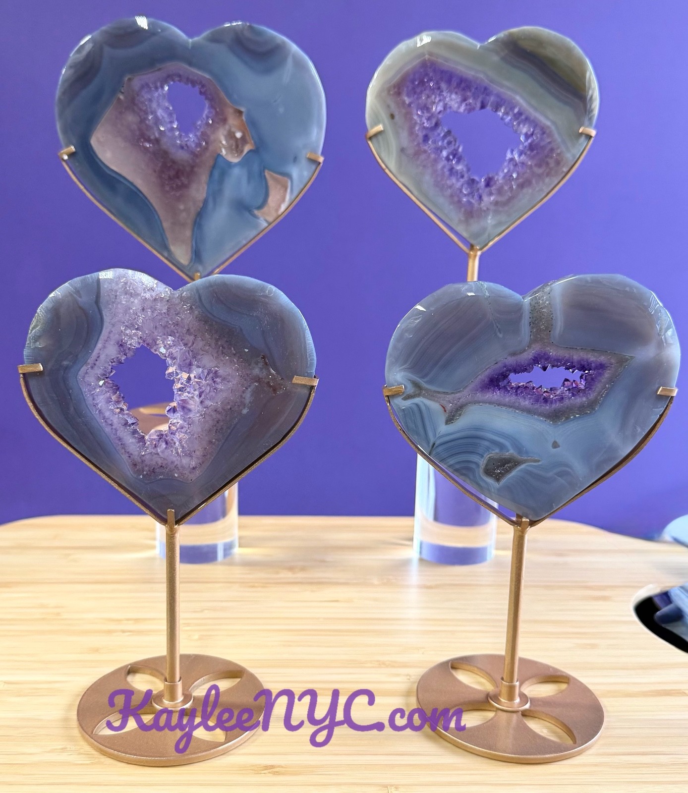 Wholesale Lot 4 Pcs Natural Amethyst Agate Heart Crystal W/stand Healing