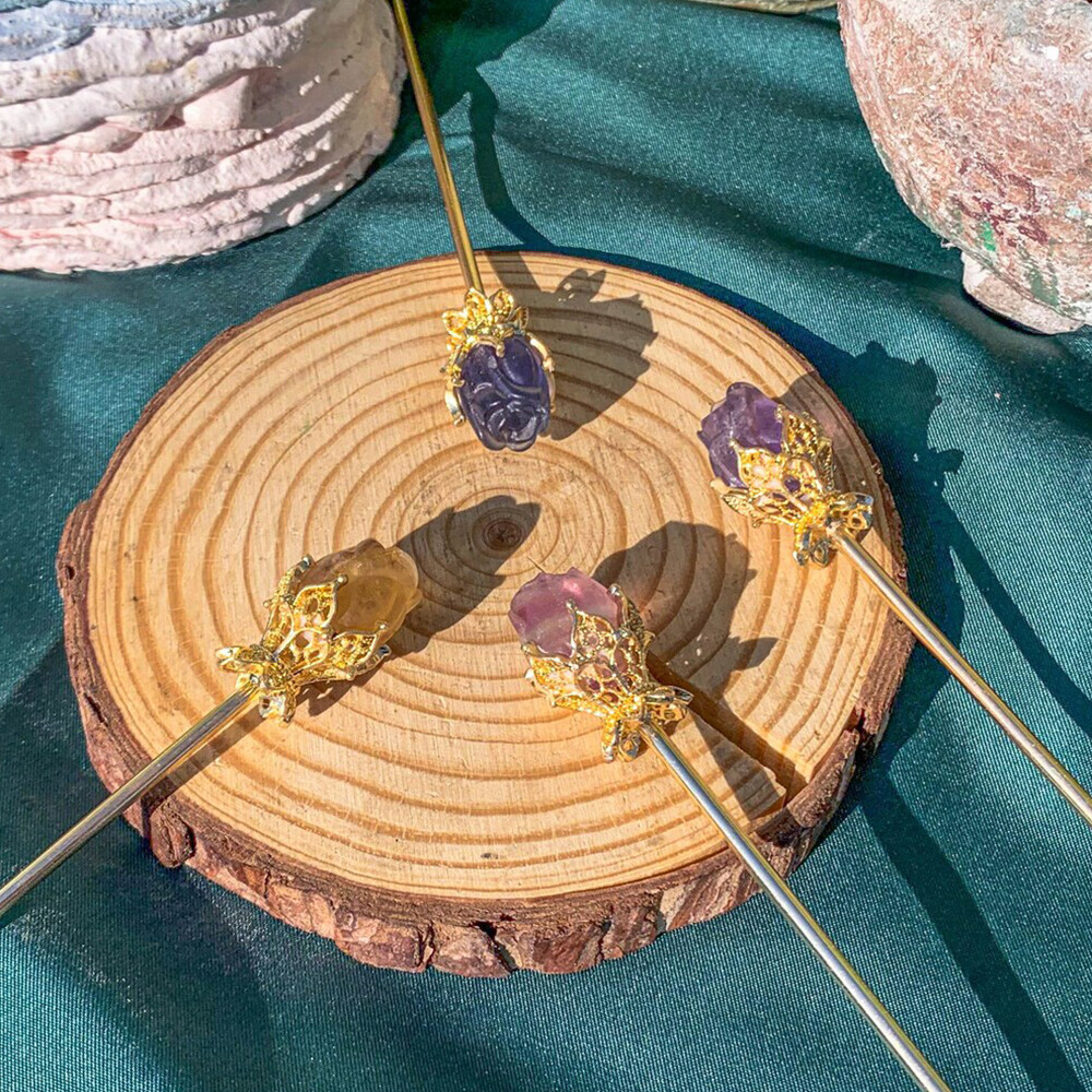 1PC Natural Fluorite Rose Hairpin Carved Quartz Crystal Hair Ornament Heal Reiki