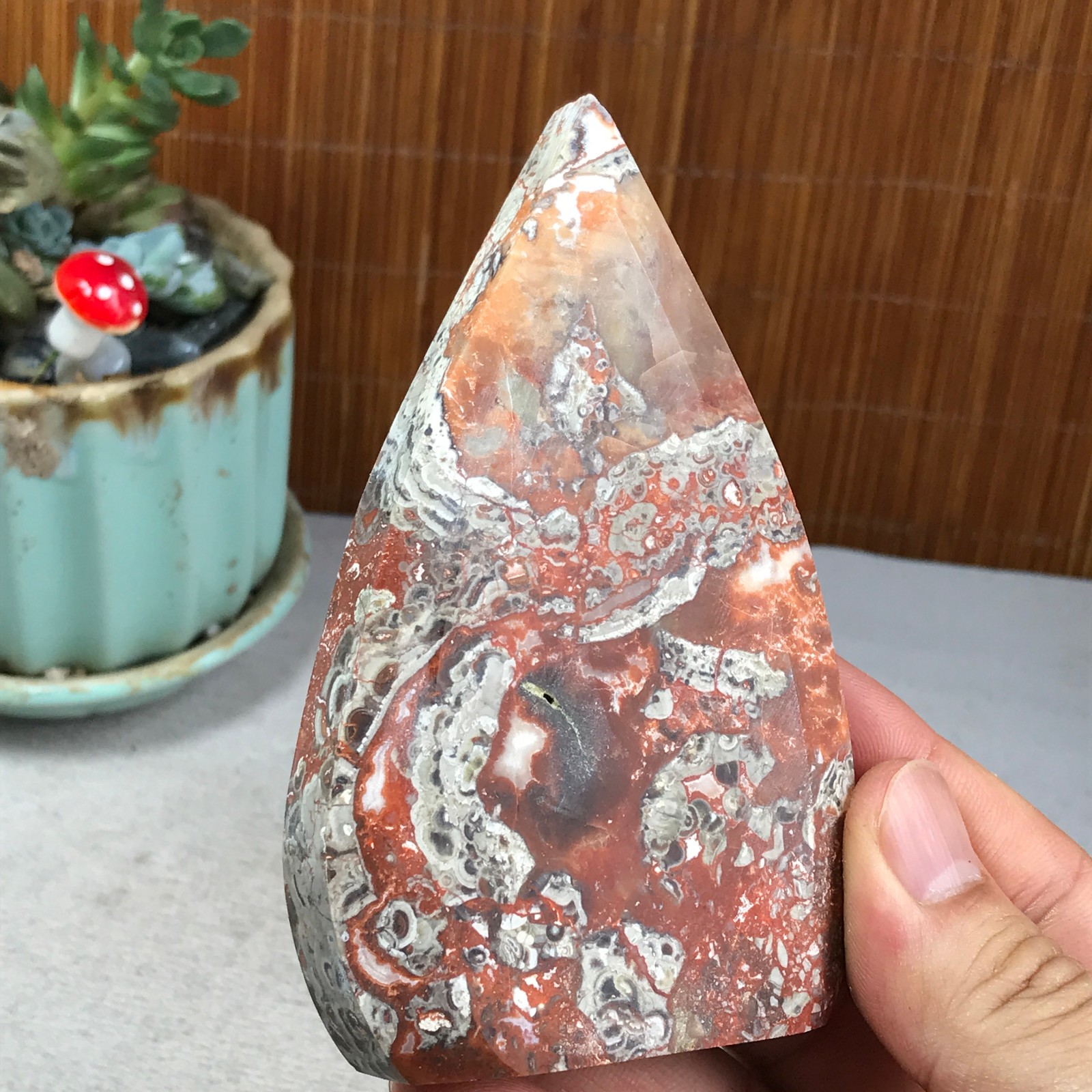 Natural money Mexico agate hand carve leaf Crystal Specimen free standing A6270