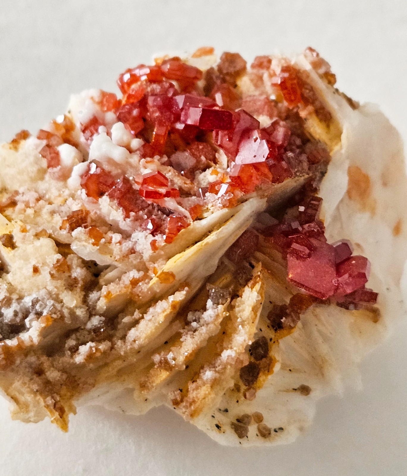 Red and Brown Vanadinite Crystals on white Barite – Mibladen, Morocco