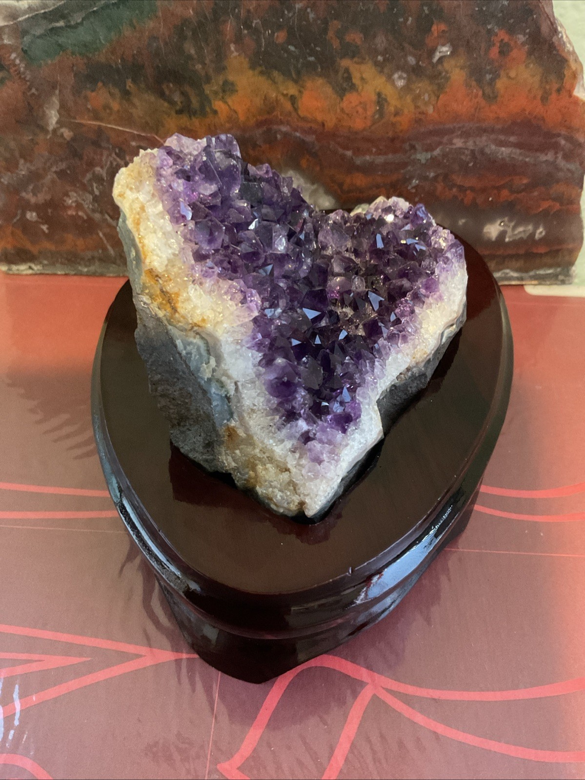 Amethyst Crystal Embedded In Custom -Cherry Colored Wooden Base – gift
