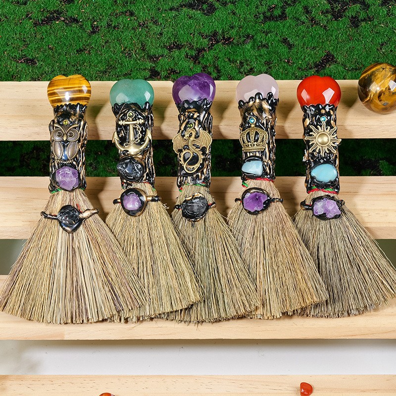 Enchanted Mini Witch Broom Crystal Protection Altar Tool Pagan Wiccan Decor Gift
