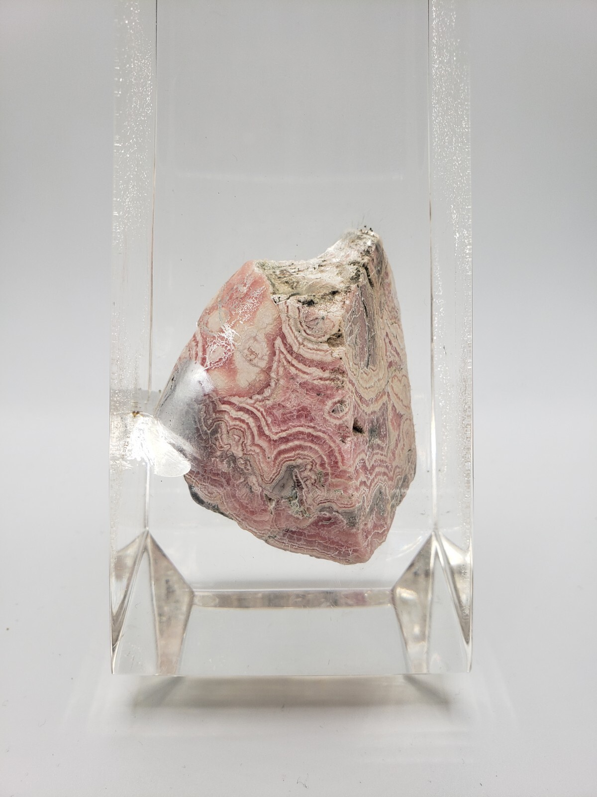 Rhodochrosite Stalactite Inca Rose Pink Mineral Specimen In a Lucite Sculpture