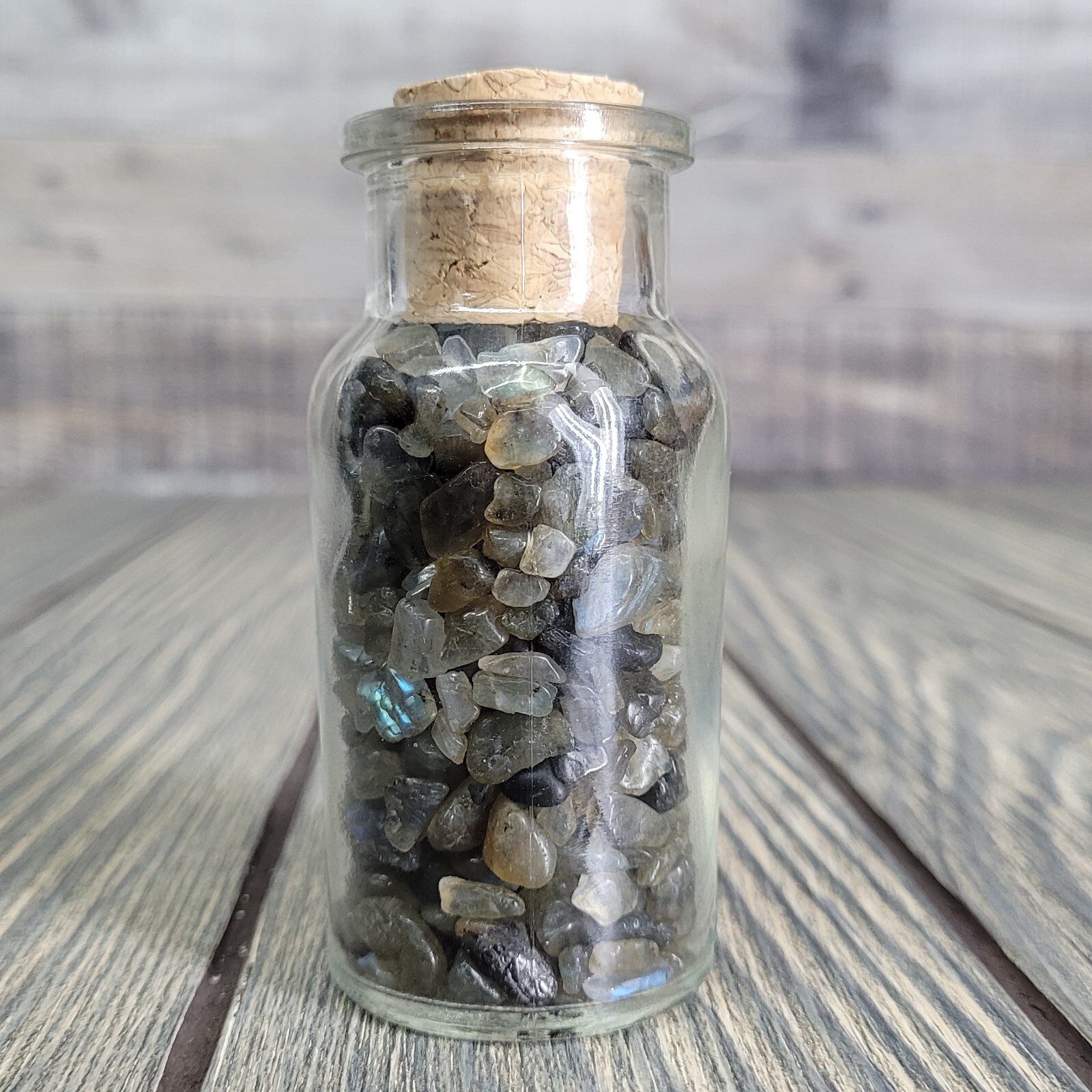 Labradorite 1/4lb Tumbled Crystal Chips in Vintage Apothecary Glass Jar Wagner