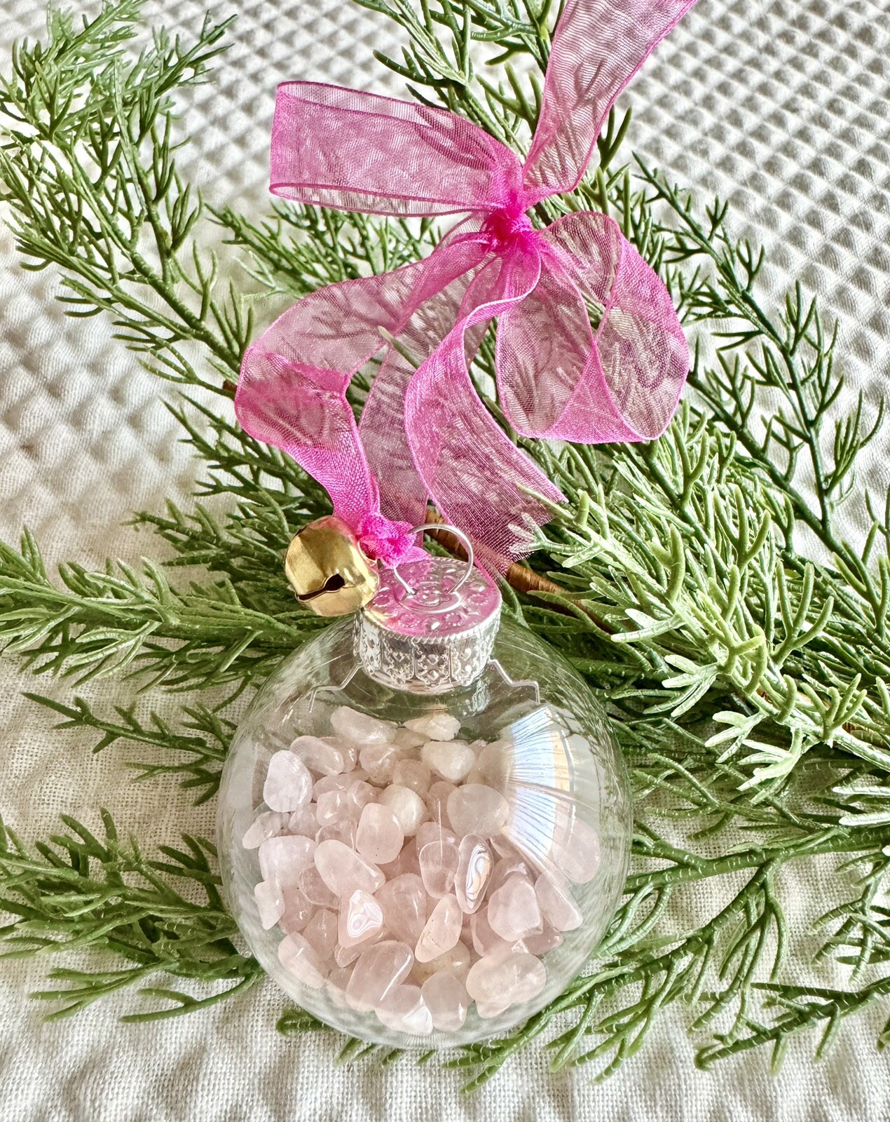 New Pink Christmas Ornament w/ Mini Natural Rose Quartz Crystal Gemstones 1/8 lb