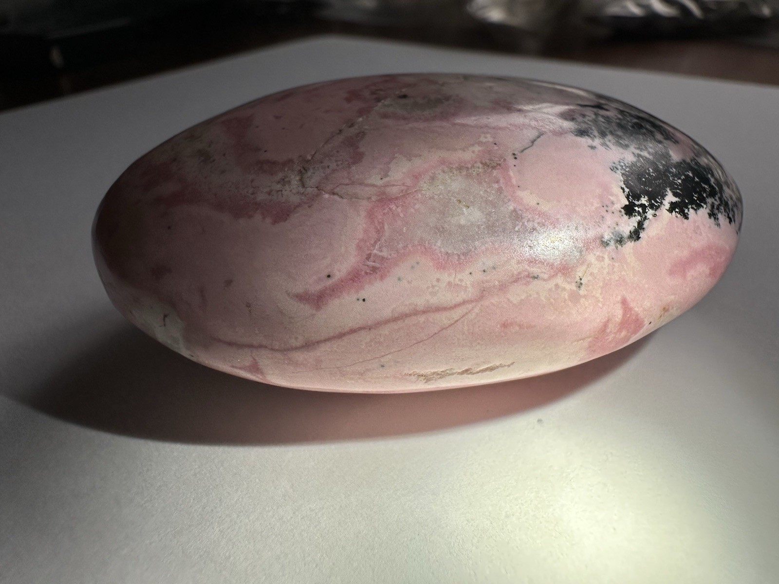 Polished Pink Rhodonite Palm Stone, Oval Egg Shape Mineral Specimen, 3 in