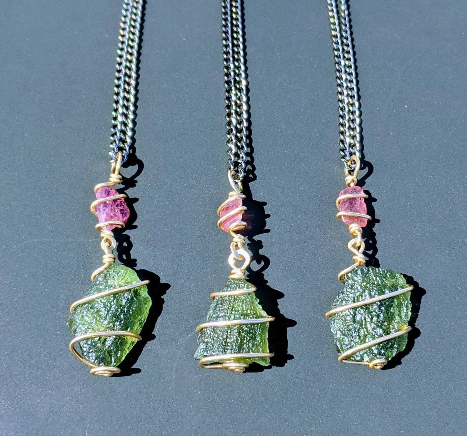 MOLDAVITE NECKLACE Pink Tourmaline 12kt Gold Certified Genuine Moldavite Pendant