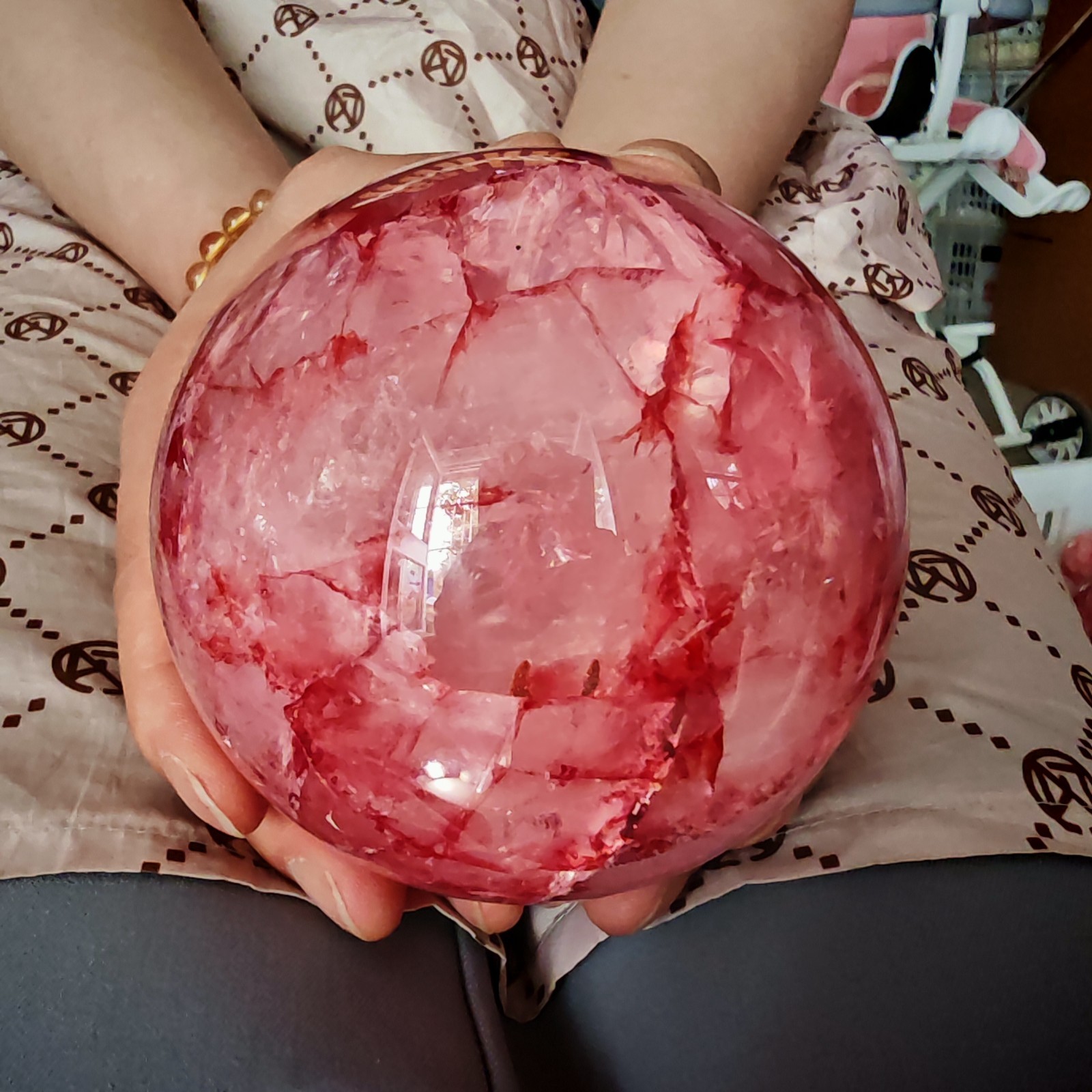 2.97LB TOP Natural Red gum flower quartz ball crystal Hand carved Decorative
