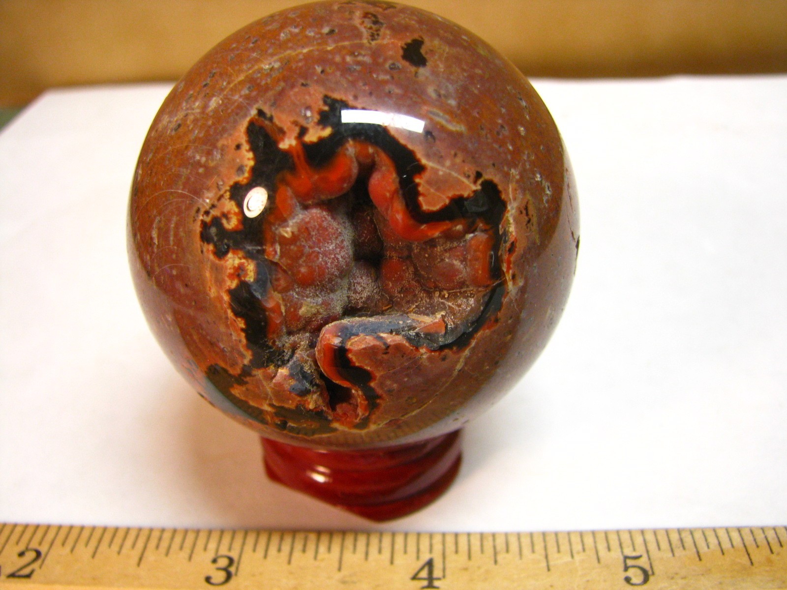 .43lb 2.15inch JASPER SPHERE RED & BLACK CHALCEDONY W/WOOD STAND MADAGASCAR #247