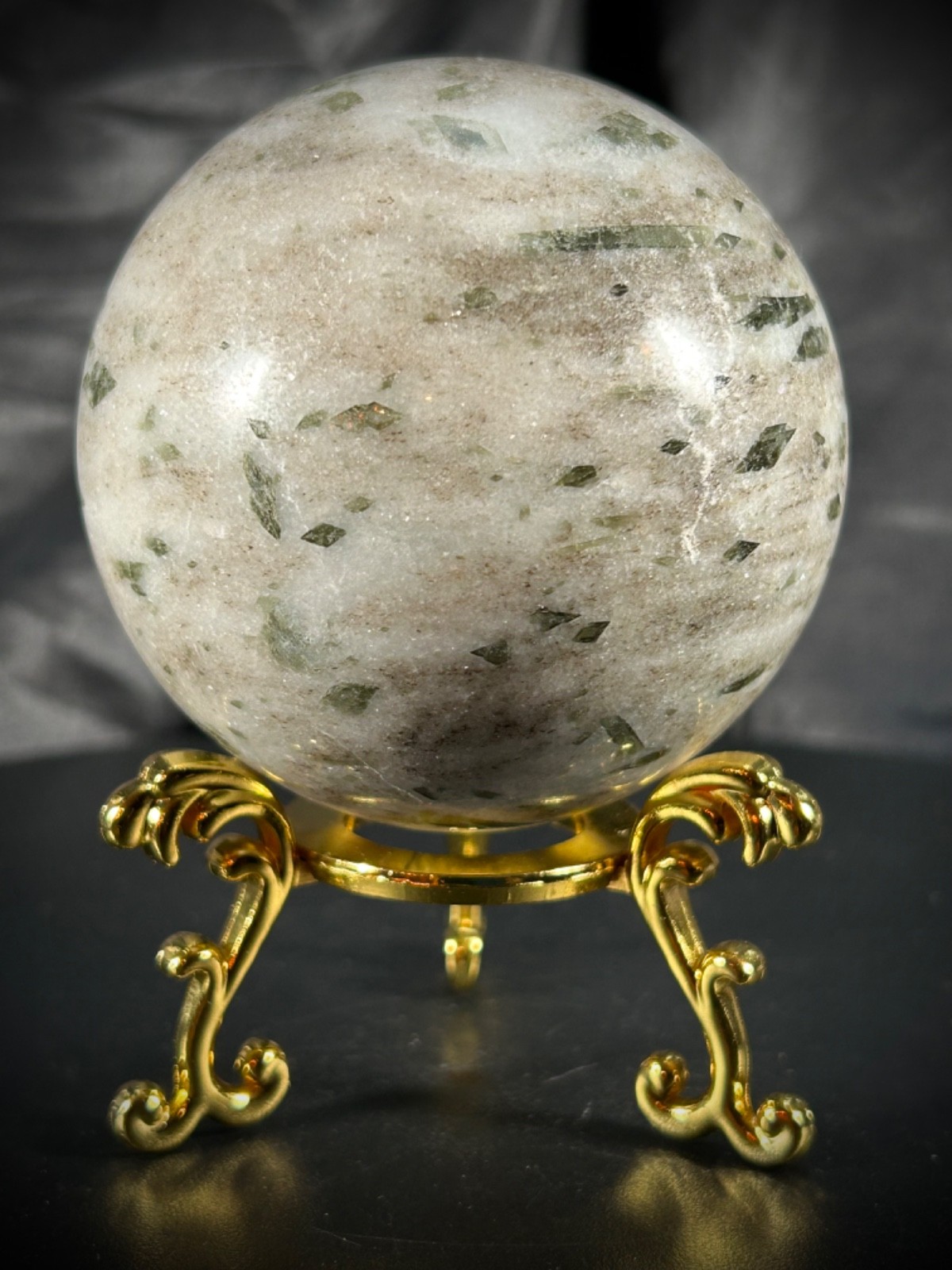 3″ Green Tourmaline In Quartz Sphere With Metal Stand 1lb 7.4oz (662 grams)