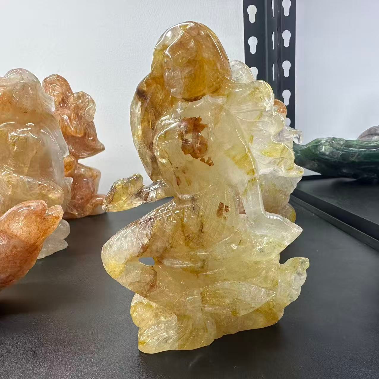 585g Natural Red gum flower Quartz Carved Mermaid Skull Reiki Decor