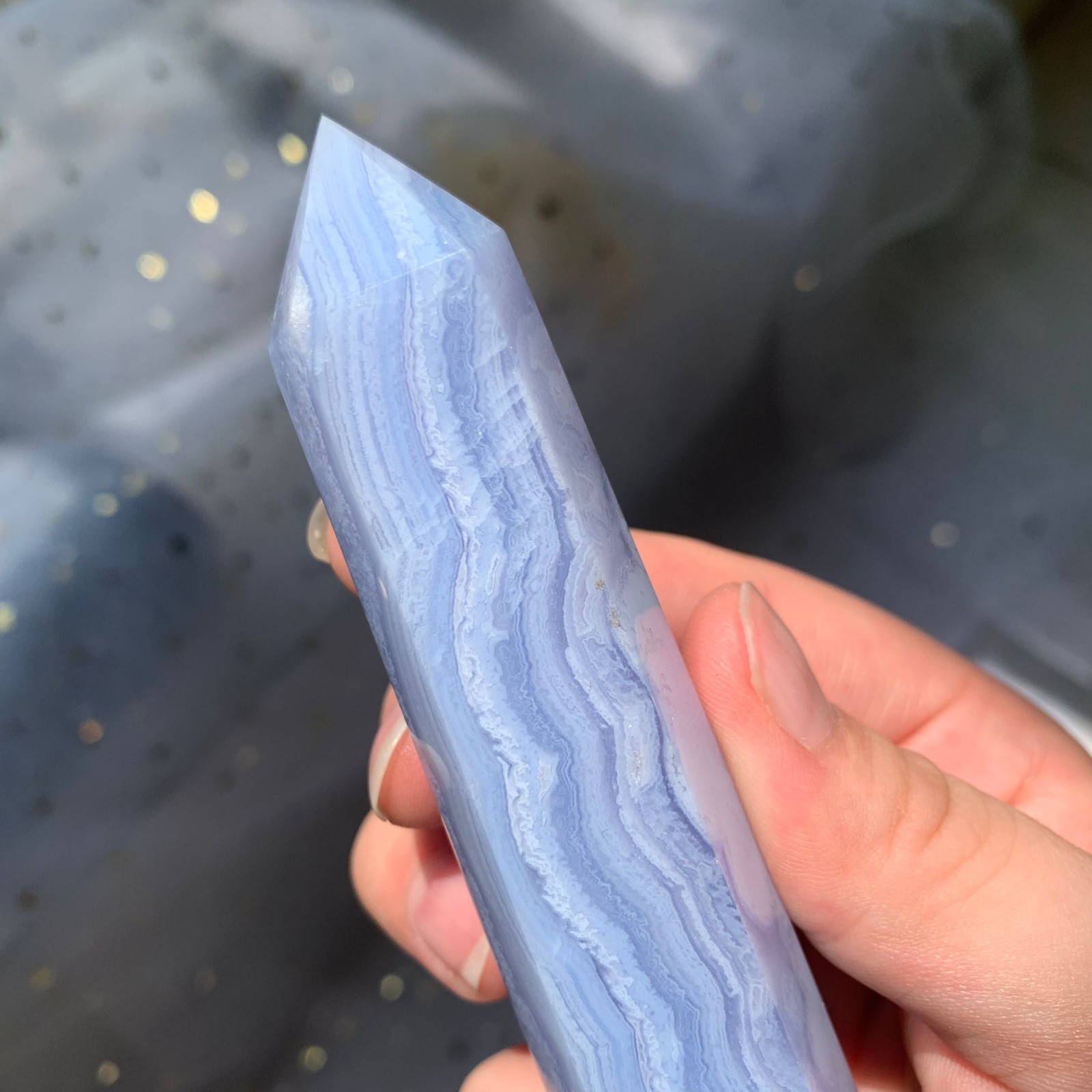 93g Blue Lace Agate Obelisk Point Healing Crystal Stone Sacred Geometry Decor