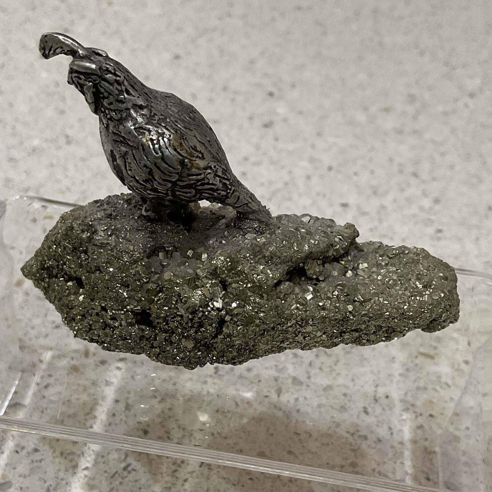 Vintage Pewter Quail Figurine On Iron Pyrite Base Miniature Bird Rock 1.75″ Tall