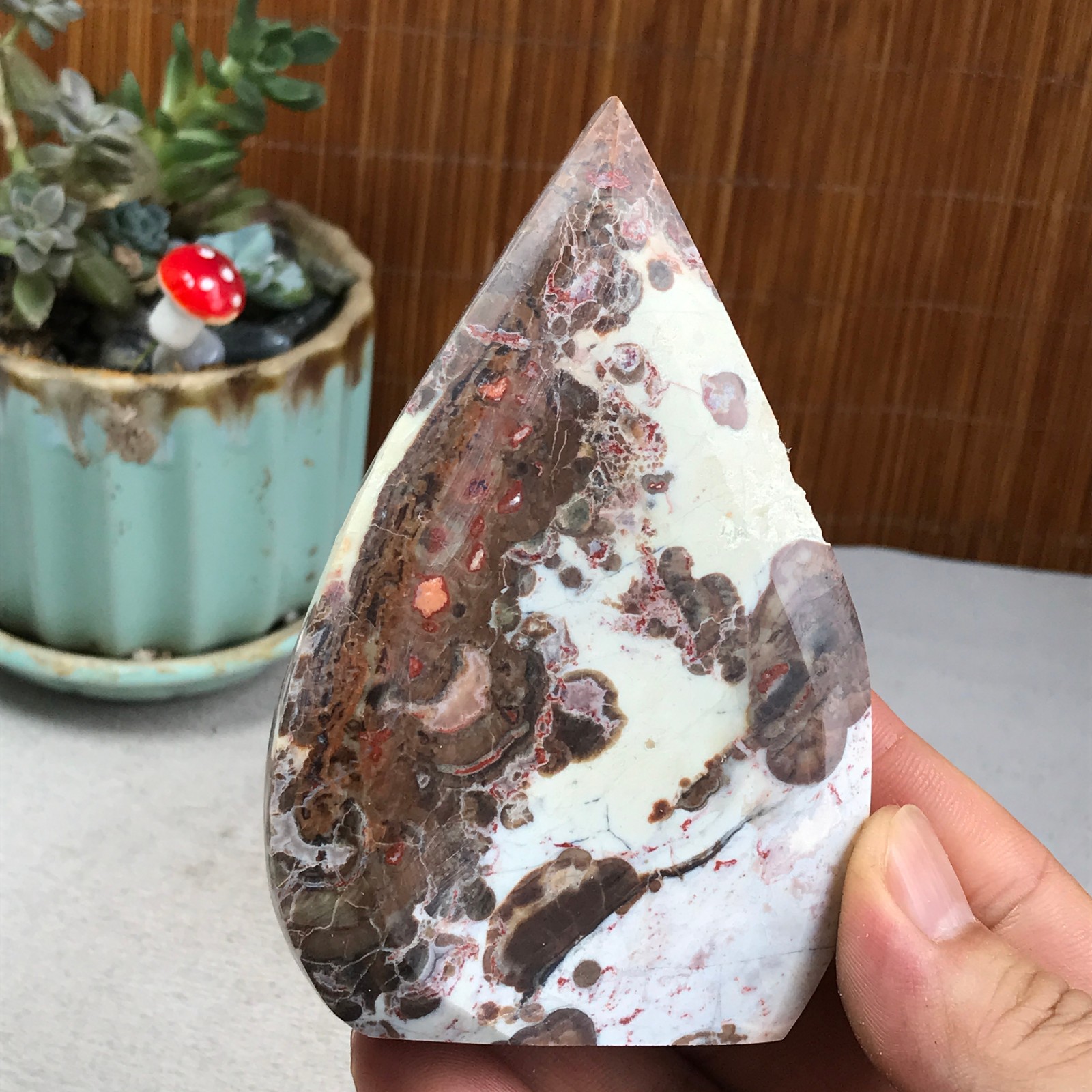 Natural money Mexico agate hand carve leaf Crystal Specimen free standing A6272