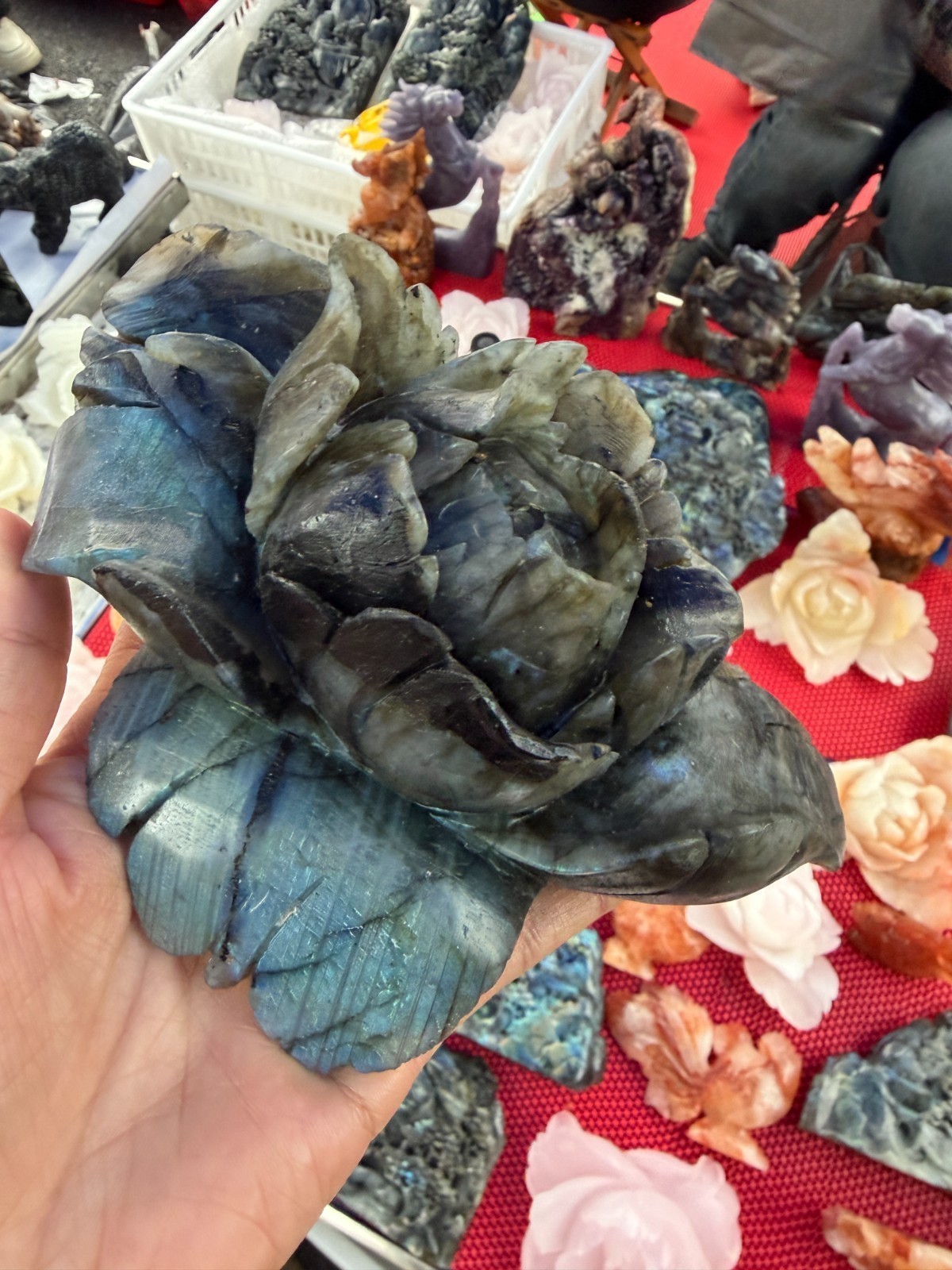 1pc Natural Labradorite Quartz Carved Crystal Flower Skull Reiki Healing Decor