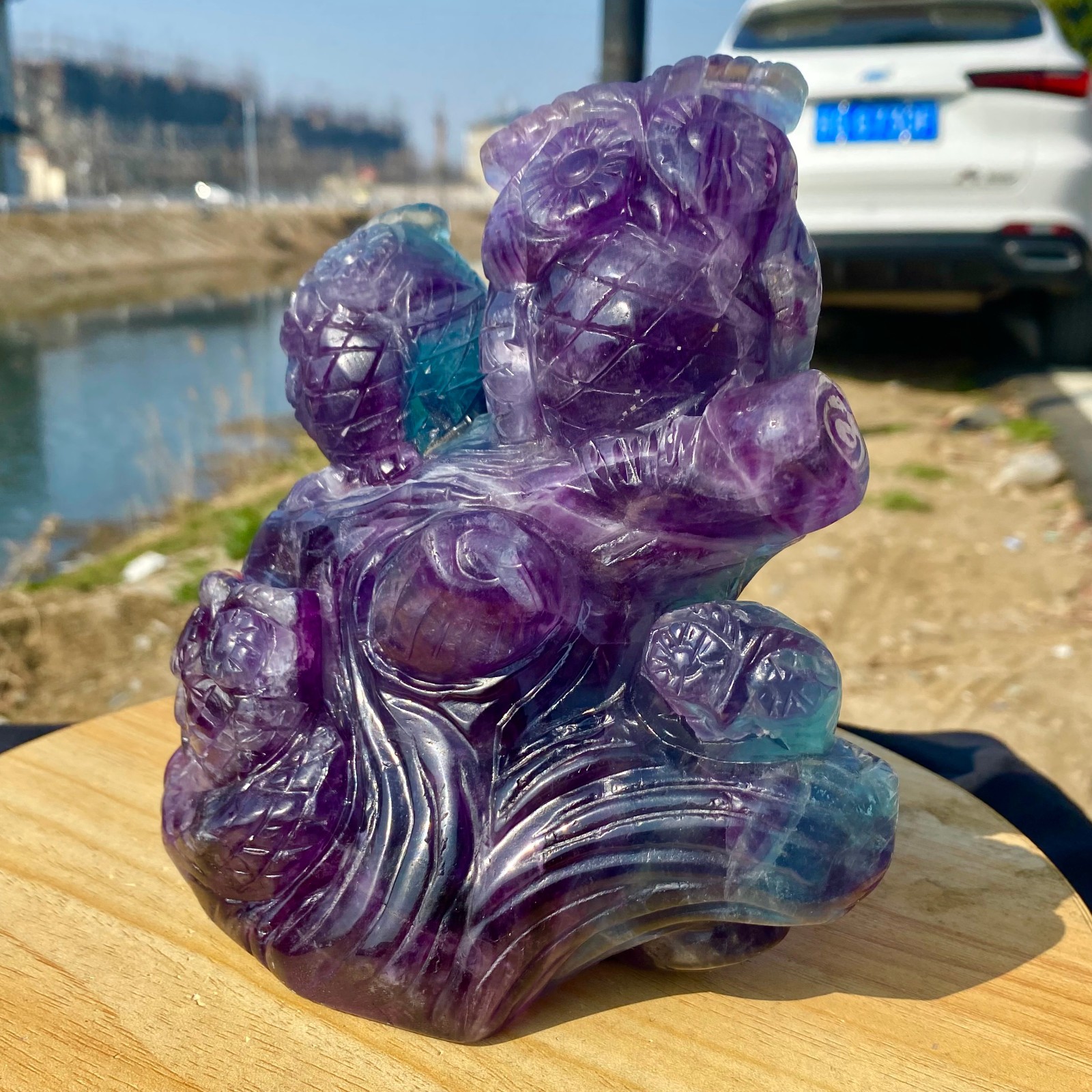 5.62LB Natural Fluorite Quartz Owl Sculpture Hand Carved Crystal Reiki Energy