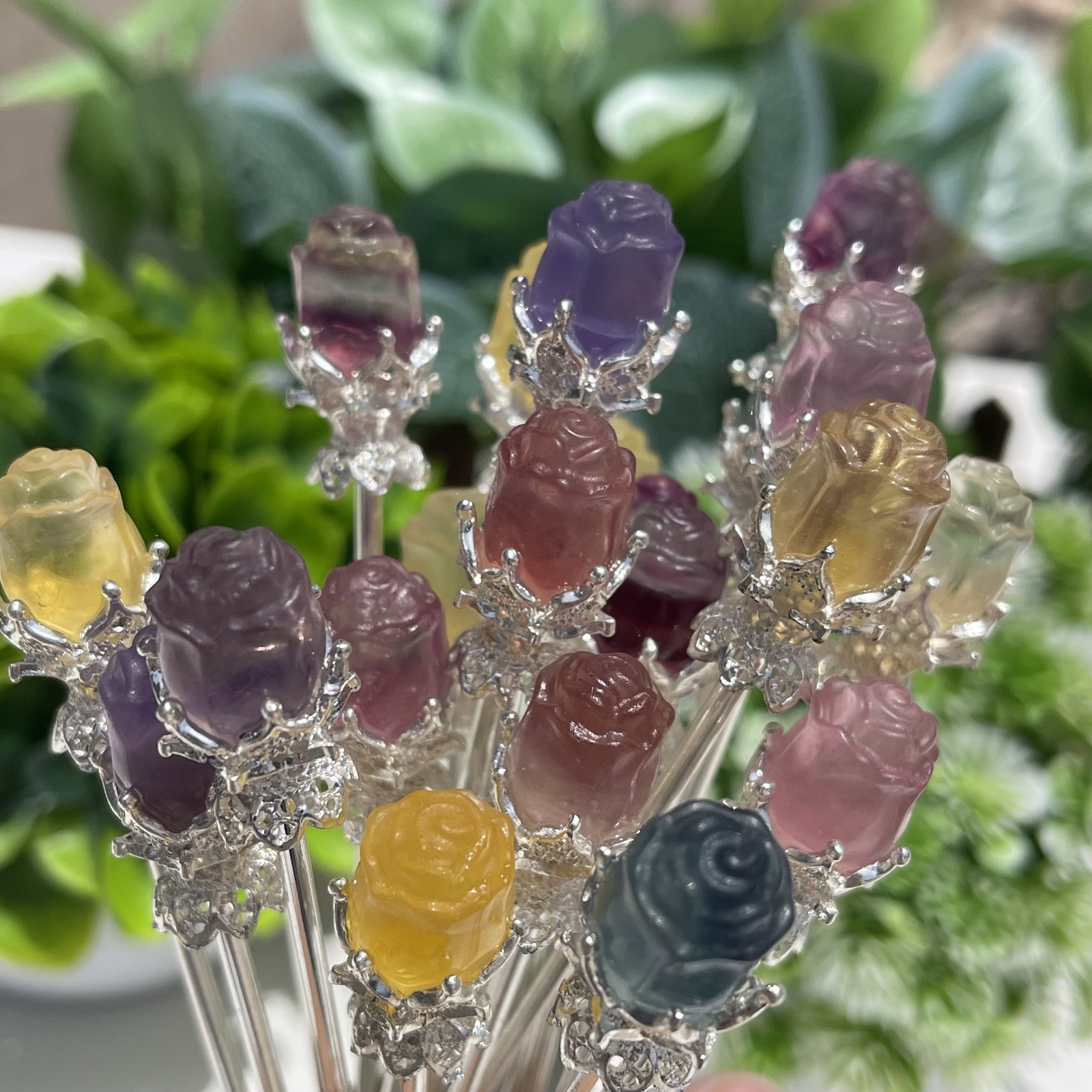 5pc Natural fluorite carved rose hairpin quartz crystal reiki healing random