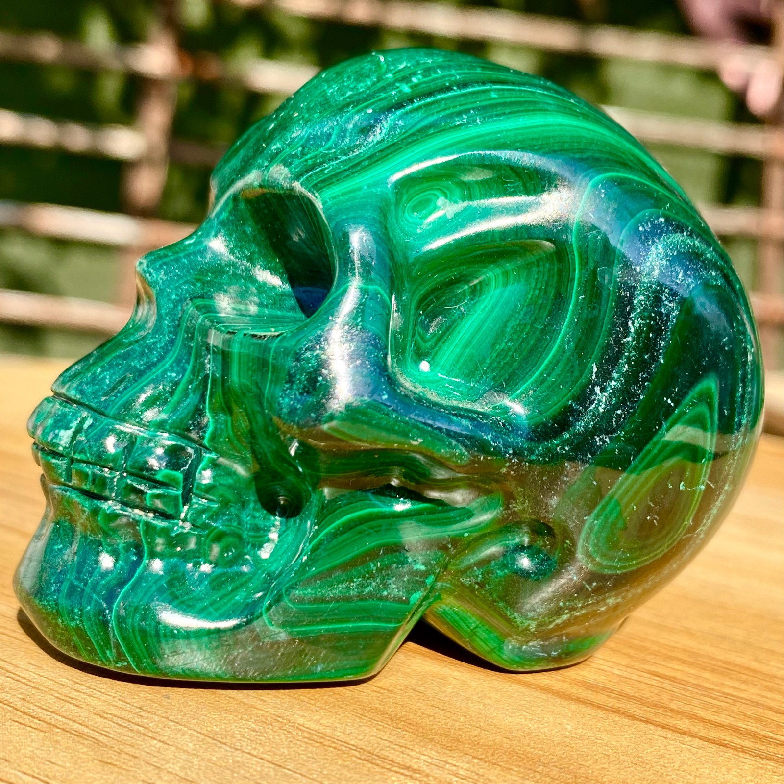 391G Malachite Crystal Skull, Hand Carved Gemstone Fine Art Sculpture