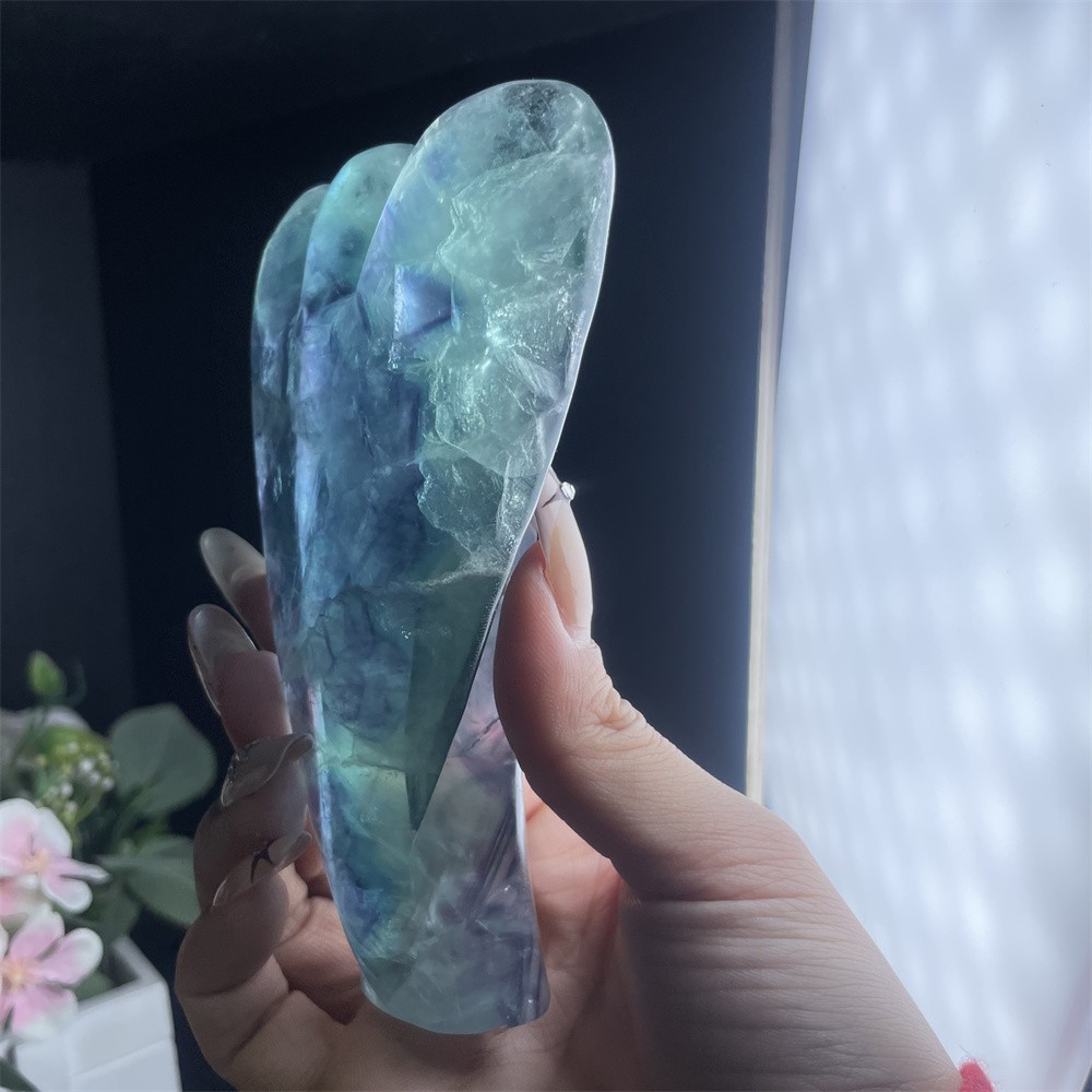 0.8LB 5.1″ Natural Rinbow Fluorite Angel Carved Crystal Mineral Quartz Decor