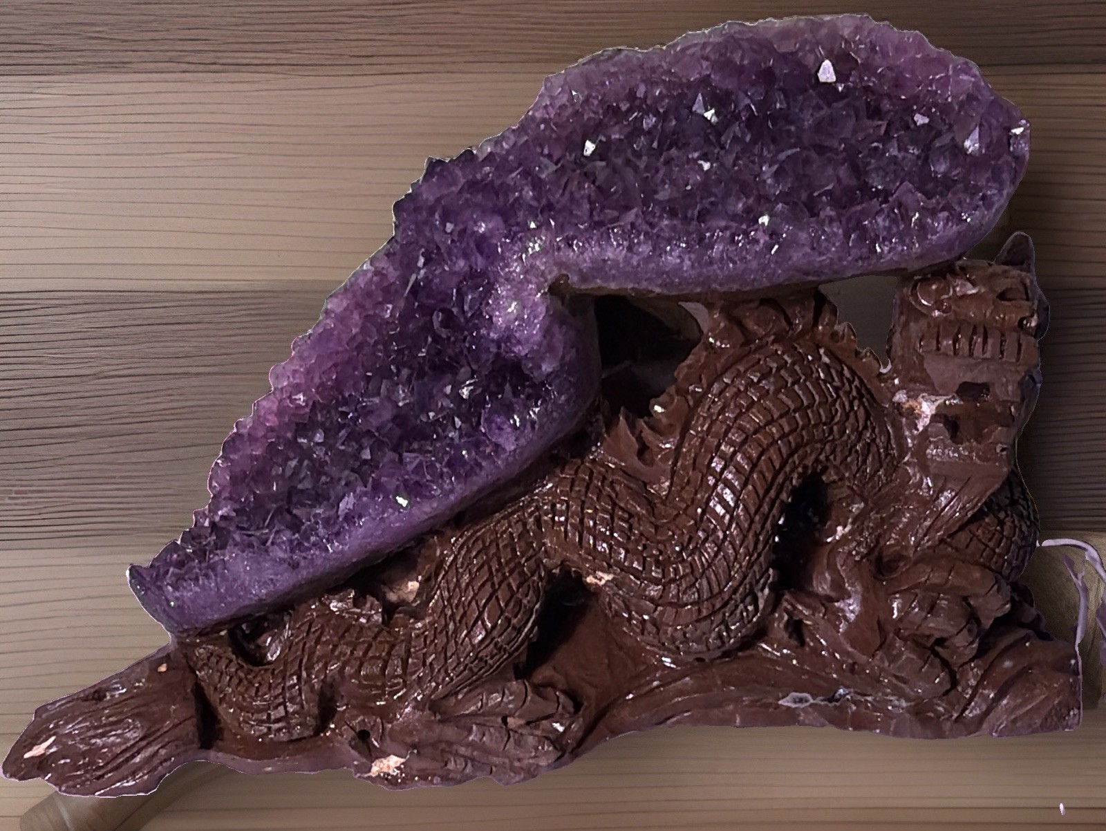 Purple Amethyst Cluster Crystal Mineral Display Specimen on Carved Dragon Stand