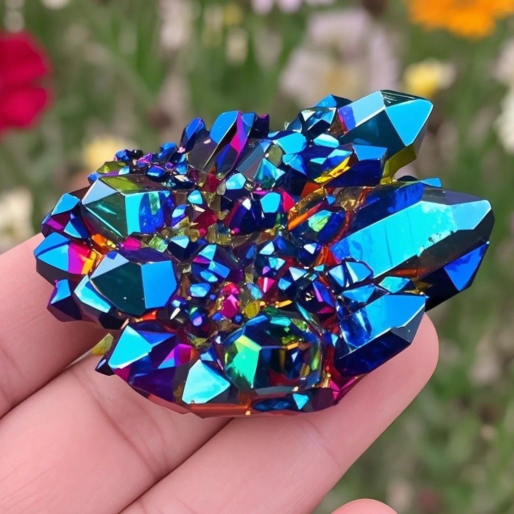 Rainbow Angel Aura Quartz Geode – Natural Titanium Crystal Cluster Specimen Gift
