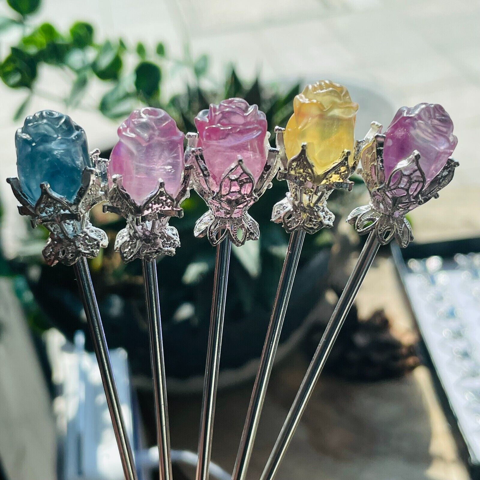 5pc Natural Fluorite Carved Flower Rose Hairpin Quartz Crystal Reiki Healing