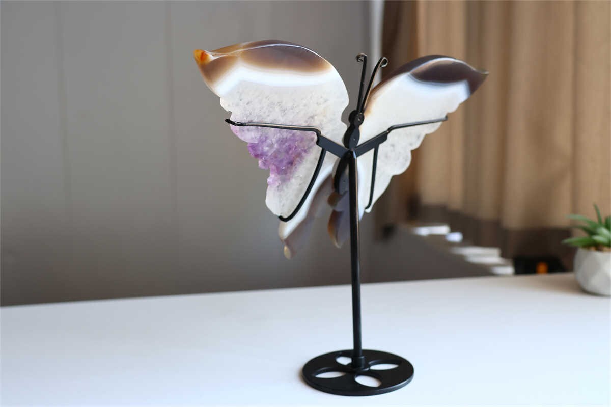 650g Natural Geode Agate Carved Butterfly Wing Reiki Crystal Decor Gift + Stand