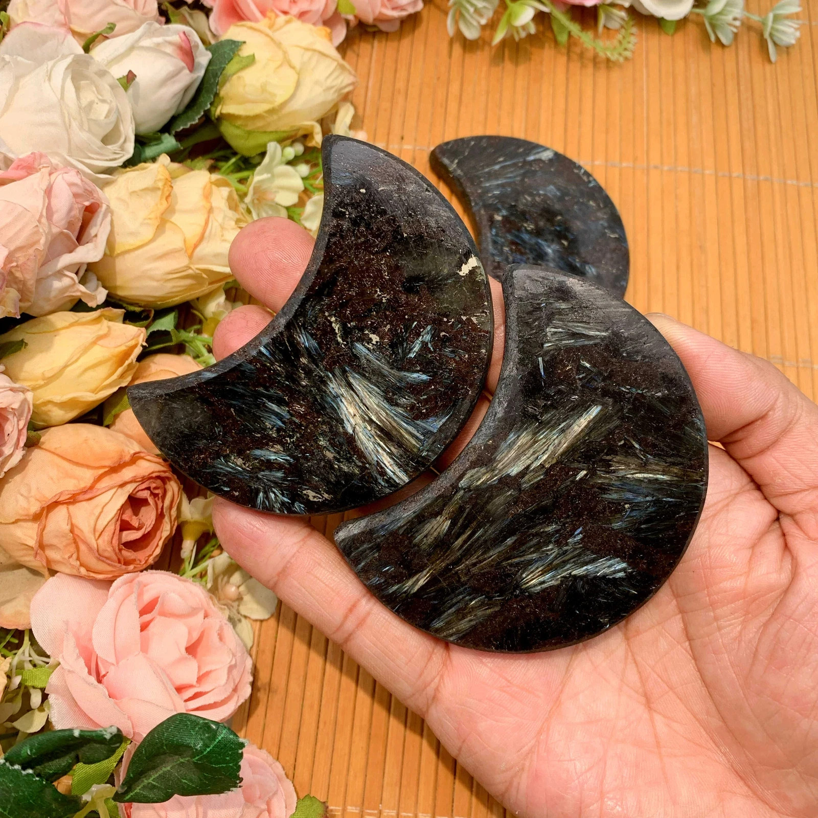 Arfvedsonite Moon Shape Stone Astrophyllite Worry Crystal Healing Energy Decor