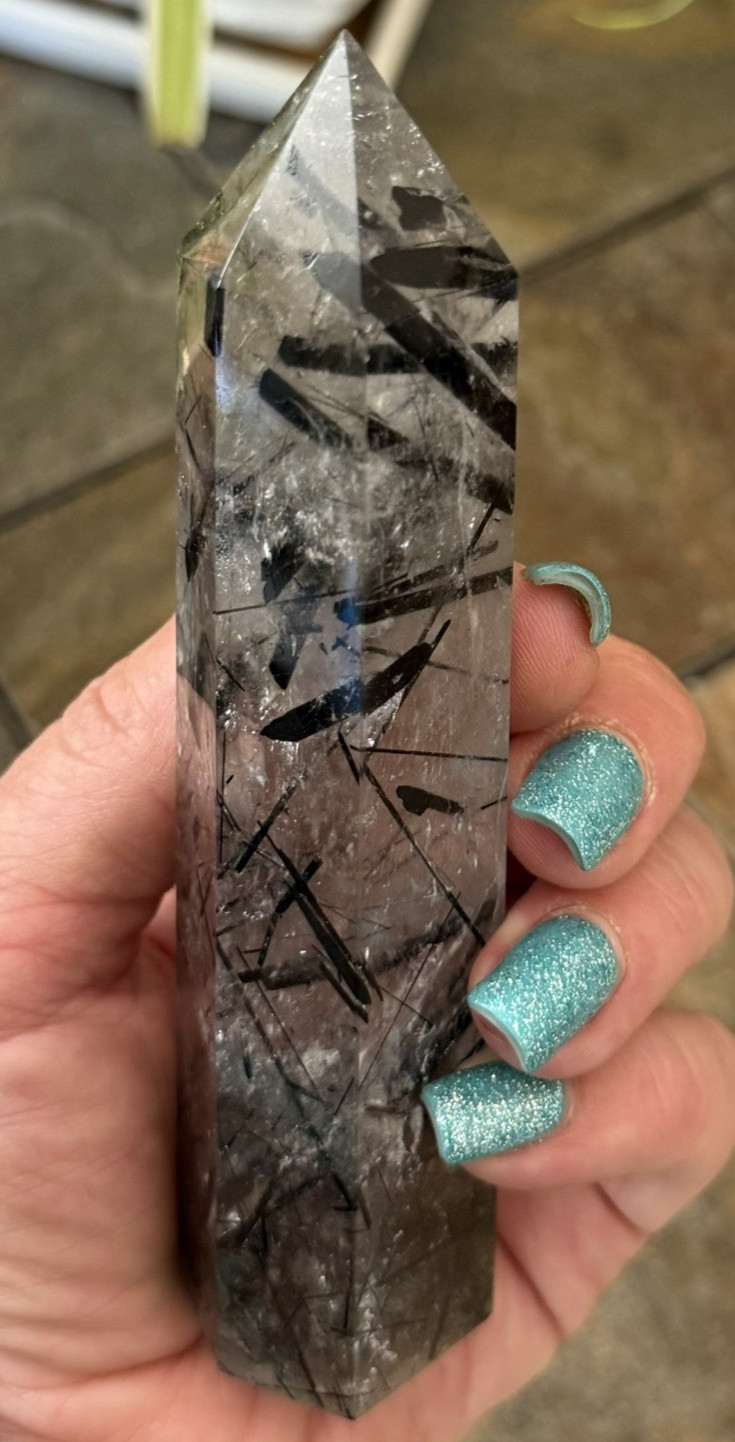 Natural Black Tourmaline in Quartz Tower Polished Crystal Point Collector, 6 “