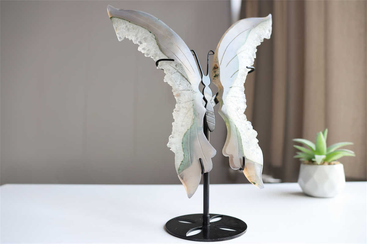 350g Natural Geode Agate Carved Butterfly Wing Reiki Crystal Decor Gift + Stand