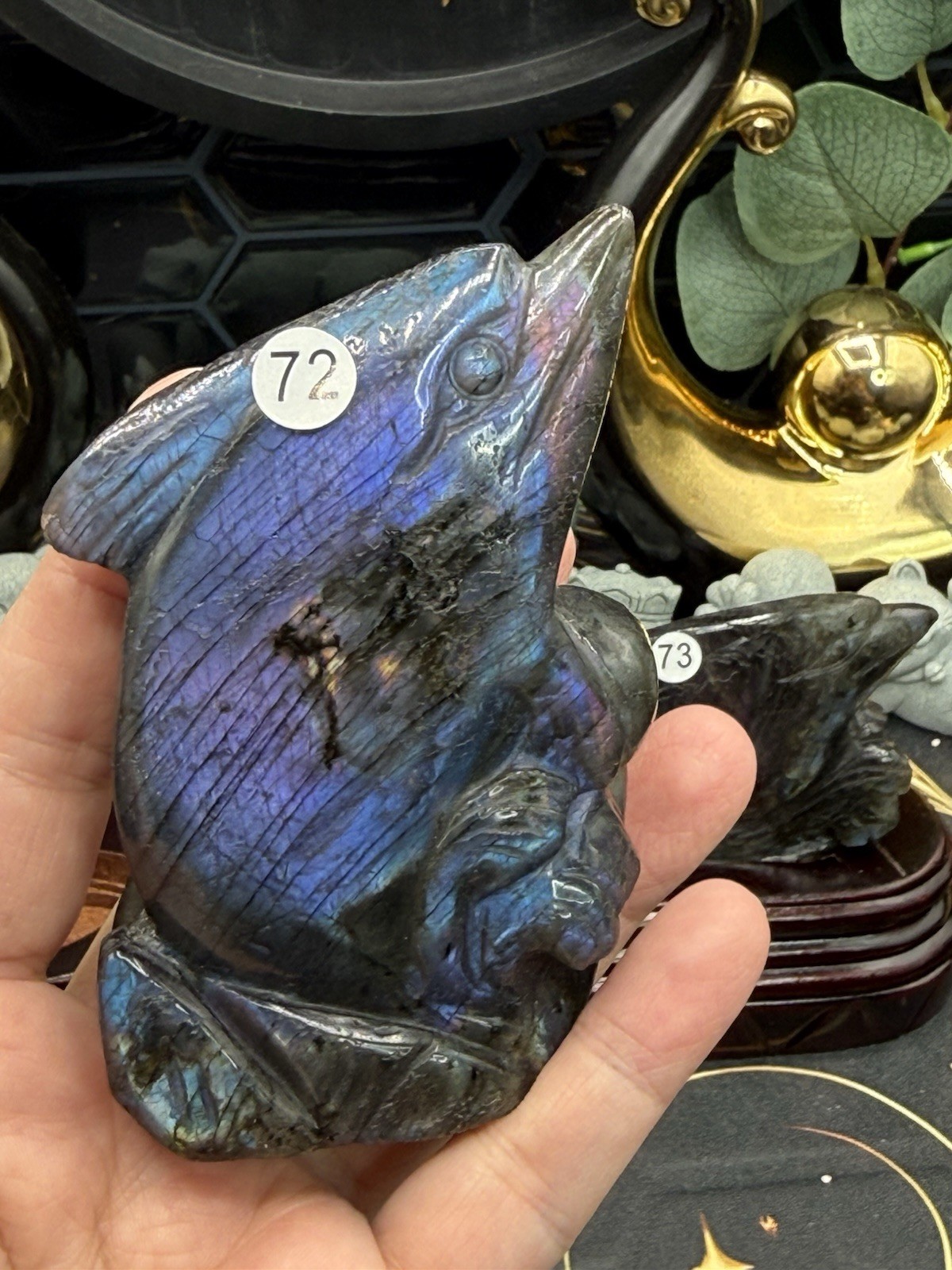 Natural Labradorite harbor porpoise Carving w/ custom stand Rainbow/Purple Fash