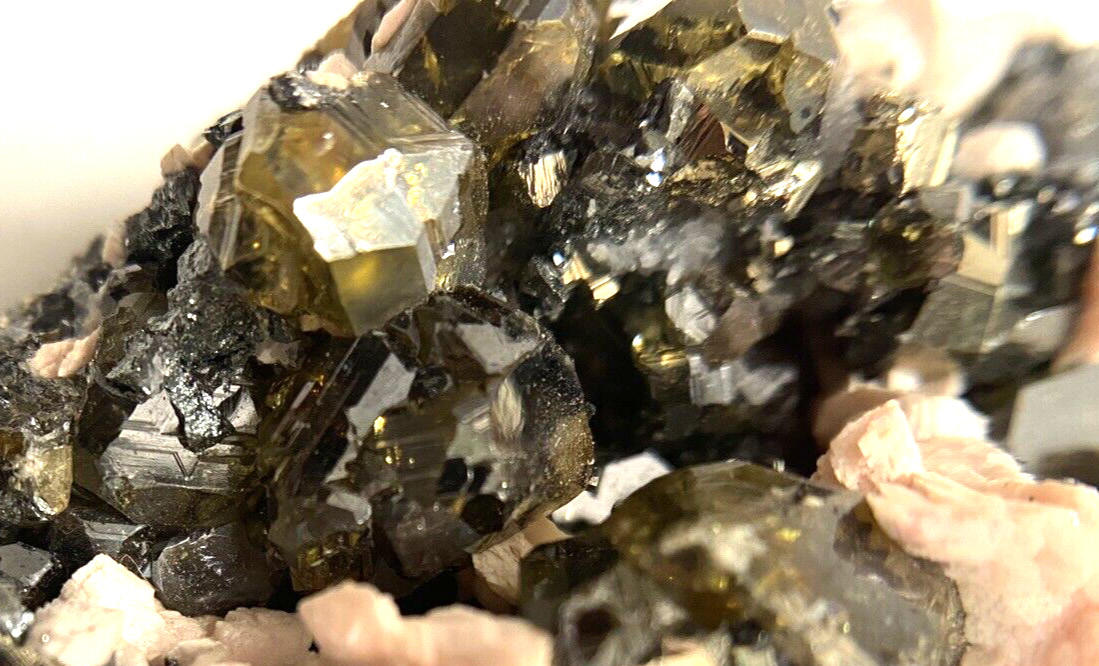 Rhodochrosite Pale Pink and Sphalerite Gem Golden and Black Crystals on Matrix