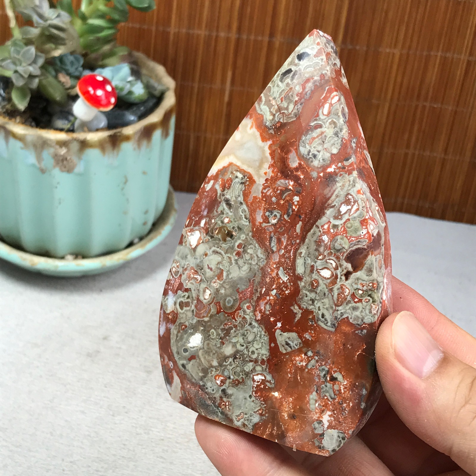 Natural money Mexico agate hand carve leaf Crystal Specimen free standing A6259