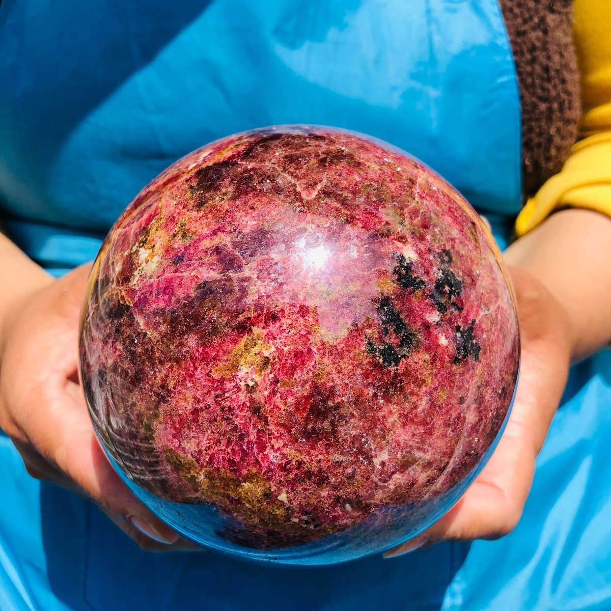 7.04LB Natural Rhodonite Crystal Sphere Pink Black Healing Gem Stone 4799