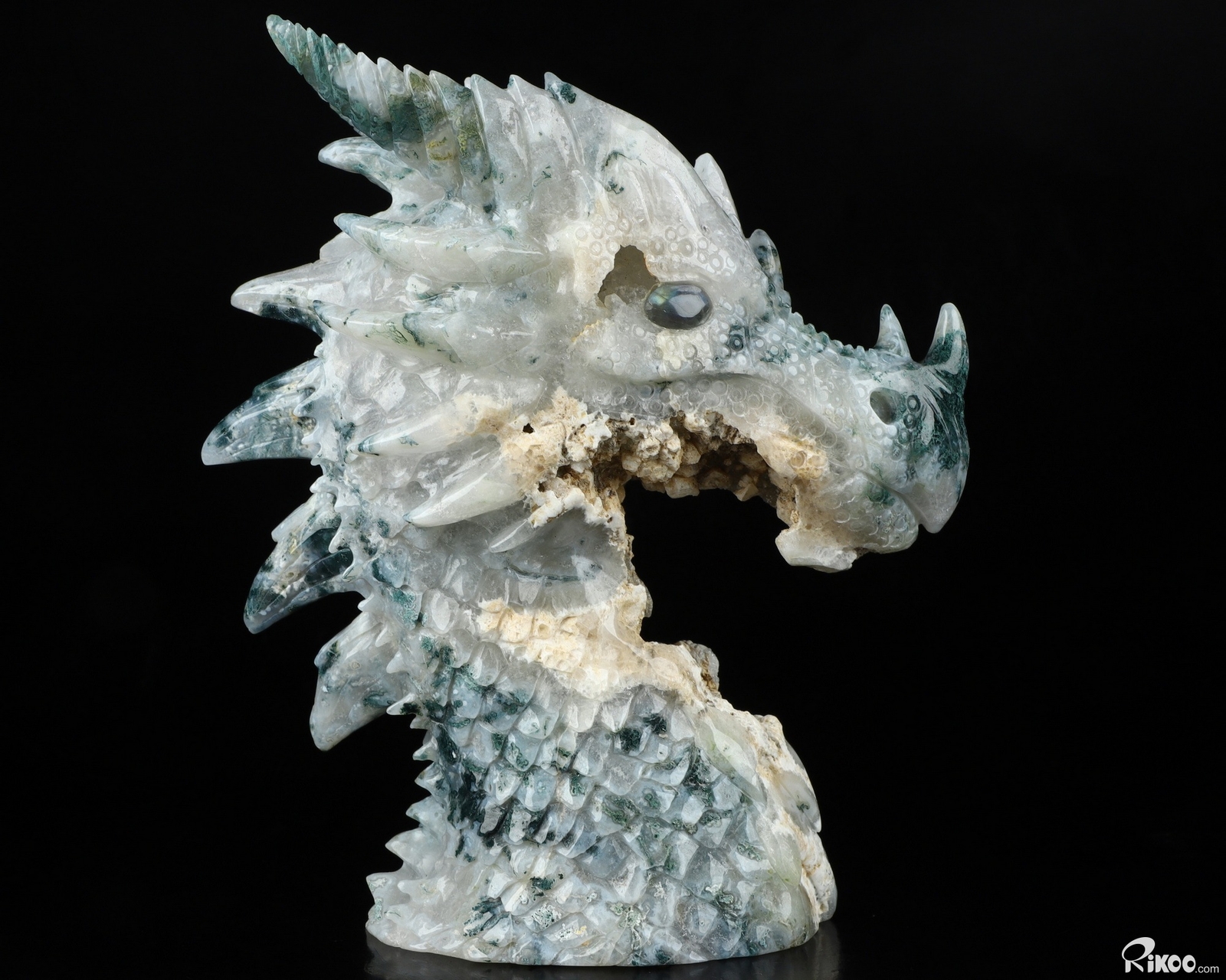 6.9″ Green Moss Agate Carved Crystal Dragon & Labradorite Eyes , Realistic