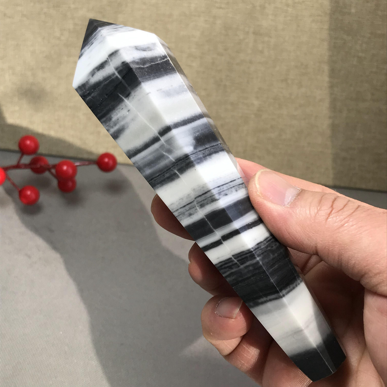 151mm Long Natural Taiji Stone stripe wand Obelisk Crystal specimens 255g A5779