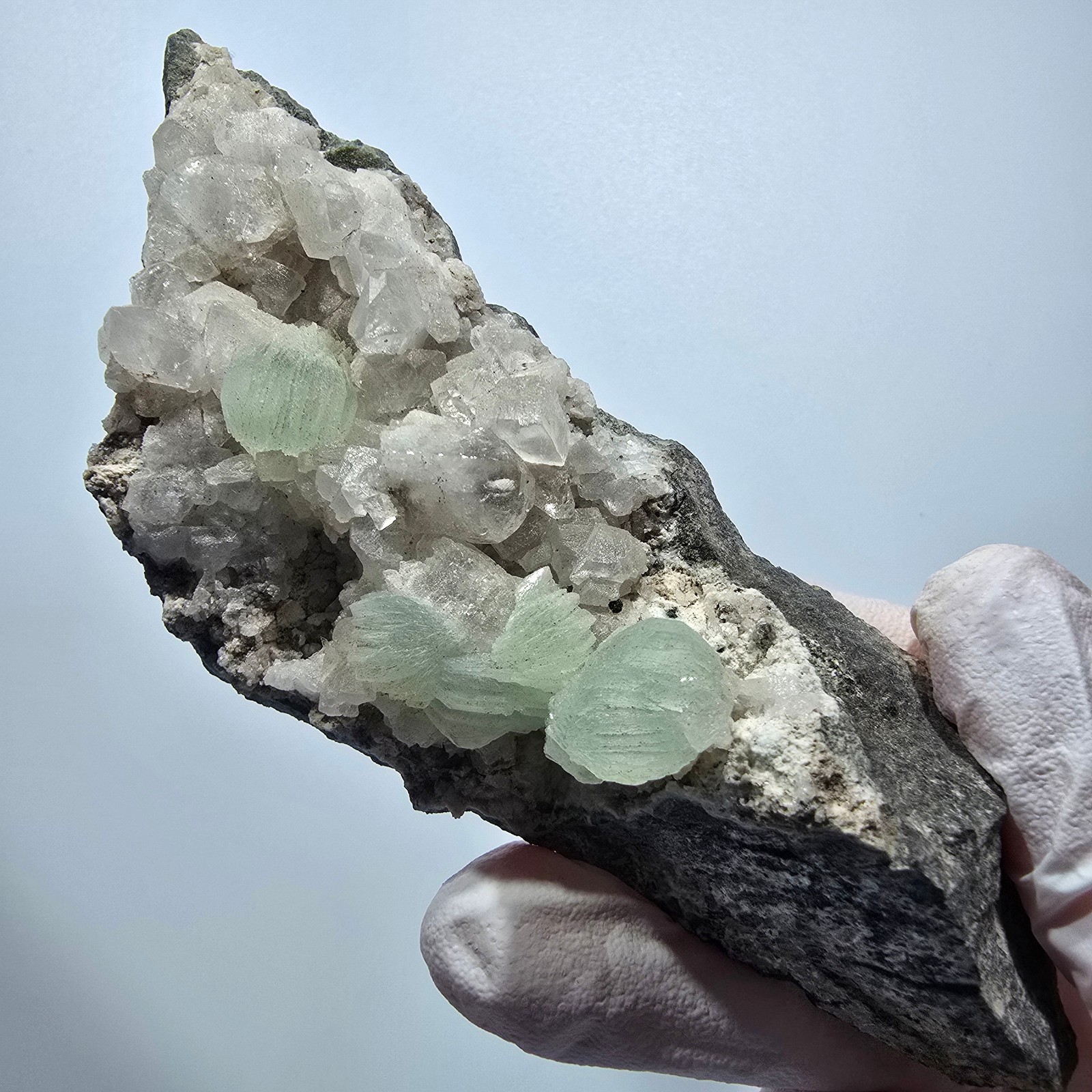 XL Prehnite sphere, calcite cube, quartz on matrix Goboboseb, Namibia