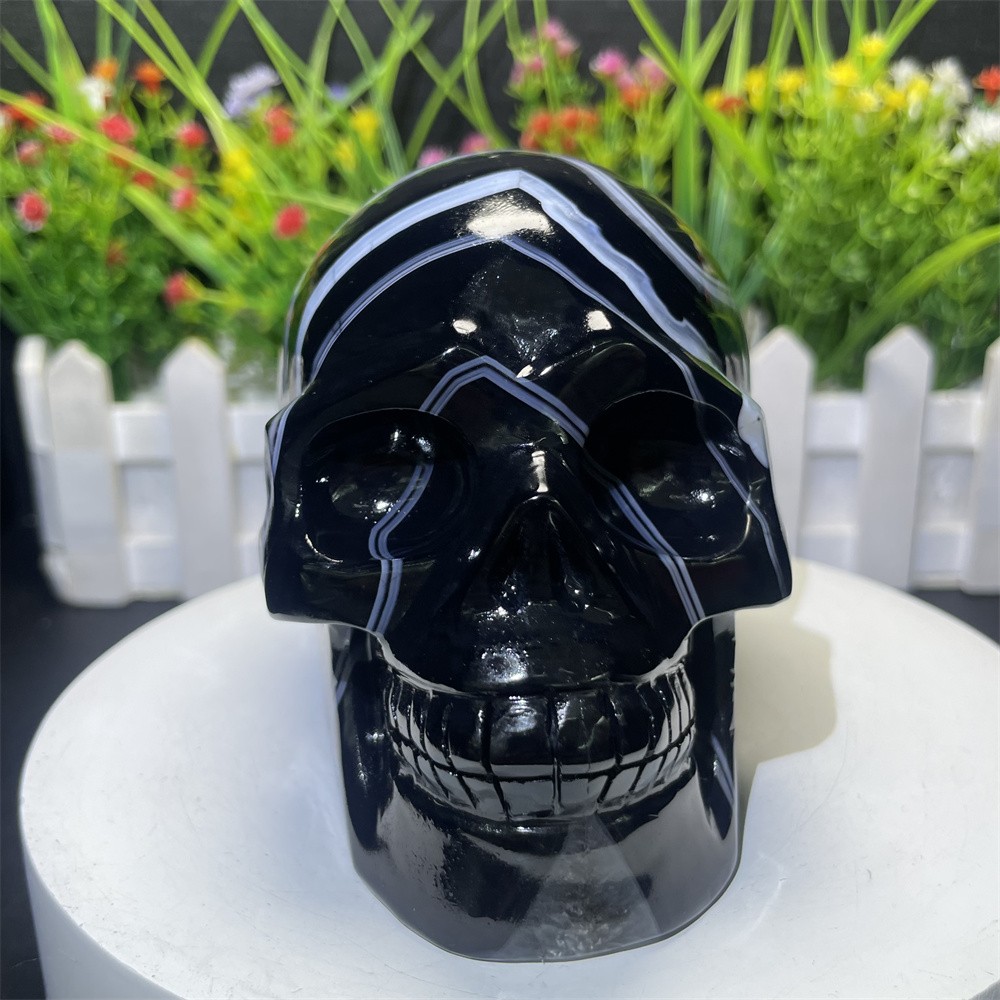2.3LB 4.5″ Natural A++ Black Sardonyx Agate Skull Crystal Quartz Decor Gift