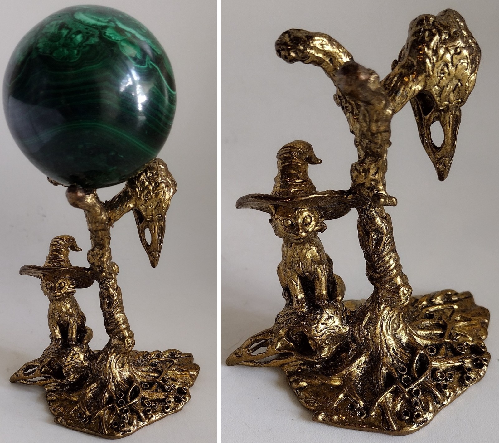 Witch Cat Raven Crystal Sphere Stand Gothic Altar Display Holder Gold Decor