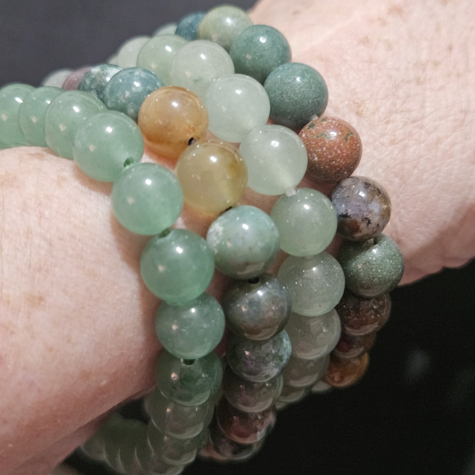Natural Crystal Bead Stretch Bracelet, Lot Of 4, Gemstones, 8mm, Jasper, Agate +