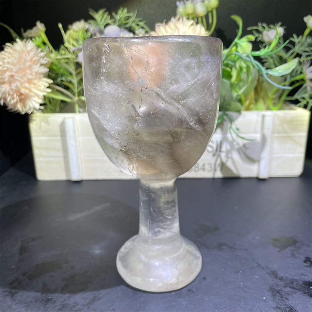 1.4LB 5.9″Natural Smoky Quartz Wine Glass Crystal Reiki Heal Carving Gift Decor