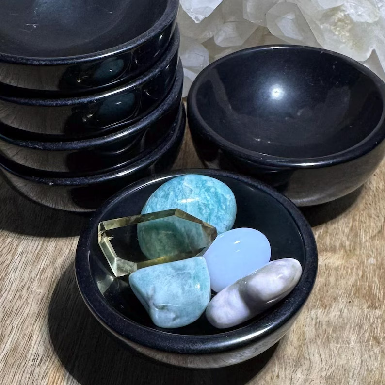 Natural Black Obsidian Charging Bowl Polished Crystal Handmade Healing Decor