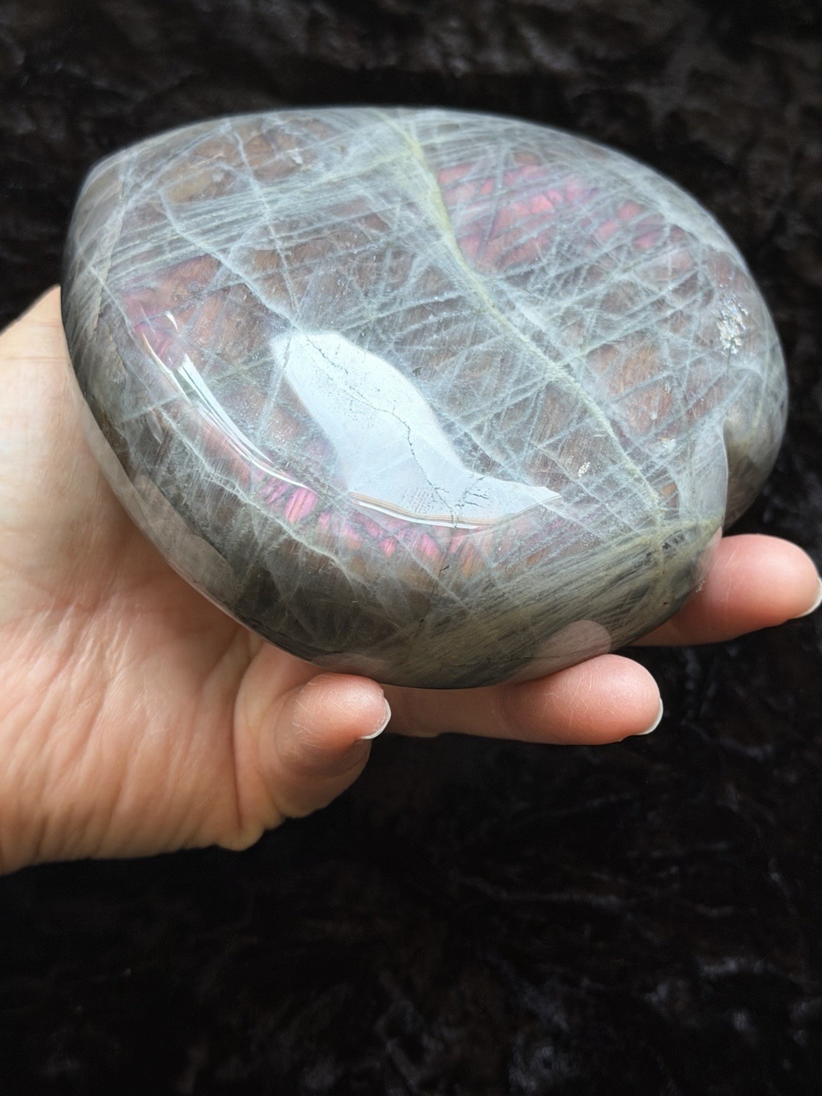 5.15” Large Purple Pink Orange Flash Labradorite Crystal Heart 1100 Grams