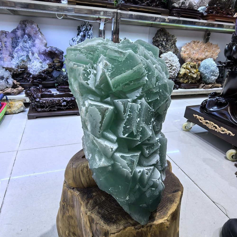 110LB Top Natural Green Fluorite Quartz Cluster Crystal Mineral Specimen + stand
