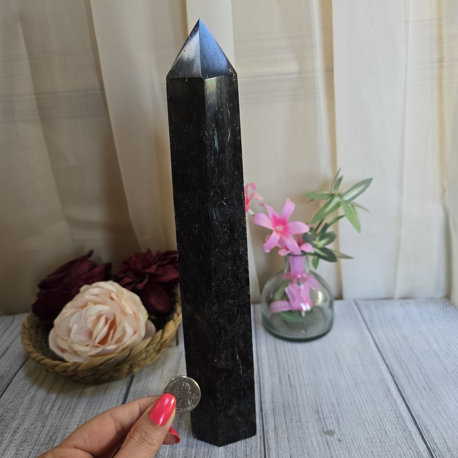 XL 11.5″ Arfvedsonite & Garnet Blue and Gold flashes Fireworks Stone Tower