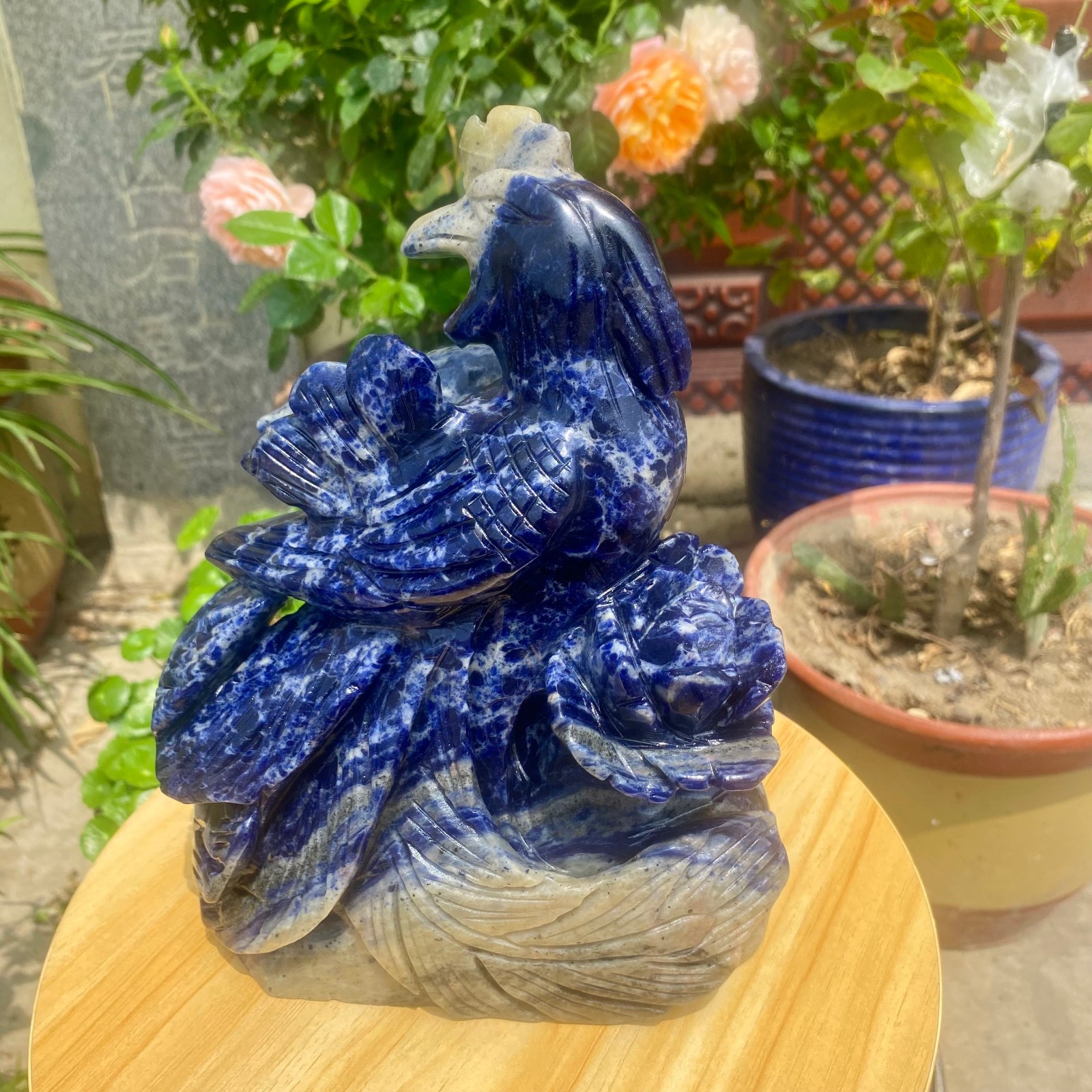 6.17LB Natural Blue Vein Stone Phoenix Carving, Home Decoration