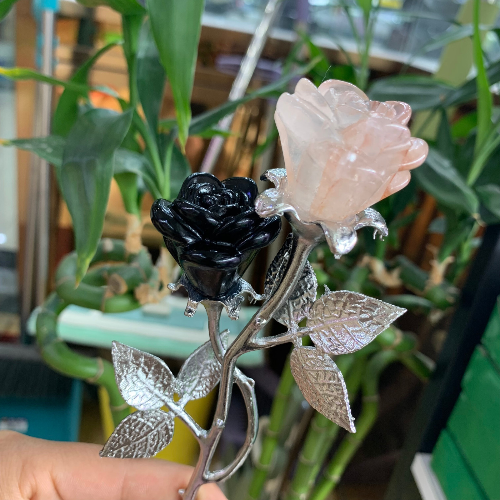 20cm natural Obsidian+red gum flower rose Quartz Crystal Carved heal Gift 1pc