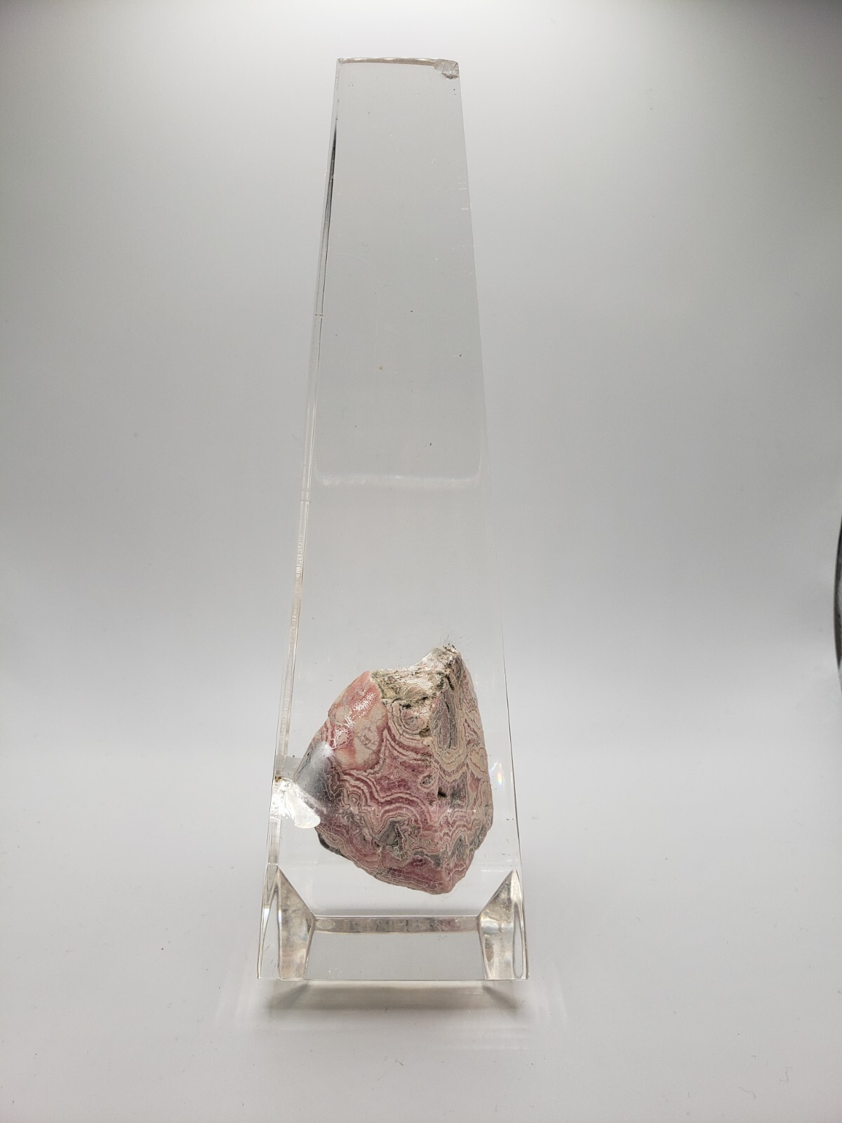 Rhodochrosite Stalactite Inca Rose Pink Mineral Specimen In a Lucite Sculpture